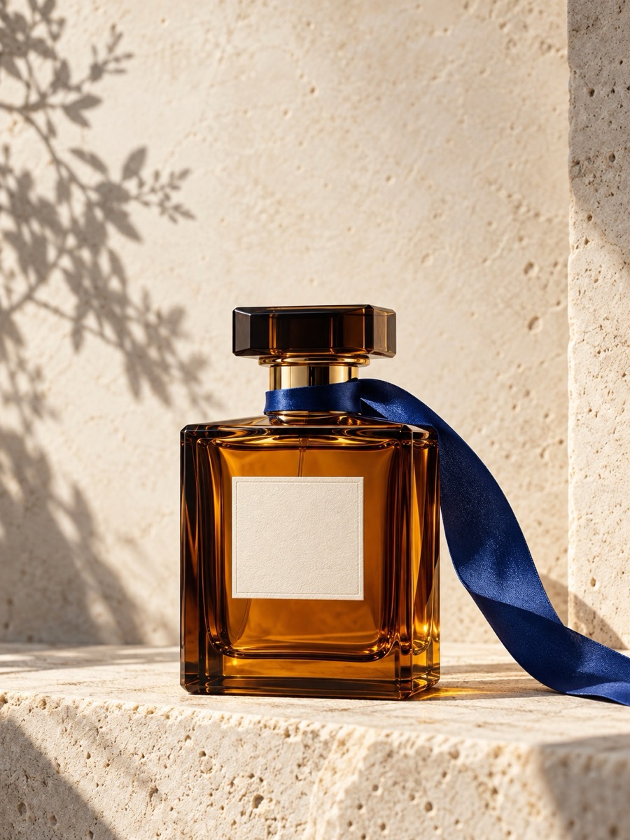 Frasco de perfume âmbar com fita azul-cobalto sobre calcário quente