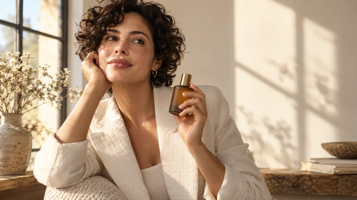 Concept portrait of a woman beside a studio window holding an amber bottle