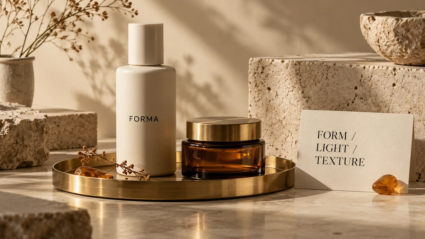 Concept product photograph with ivory packaging, amber glass and a typographic card