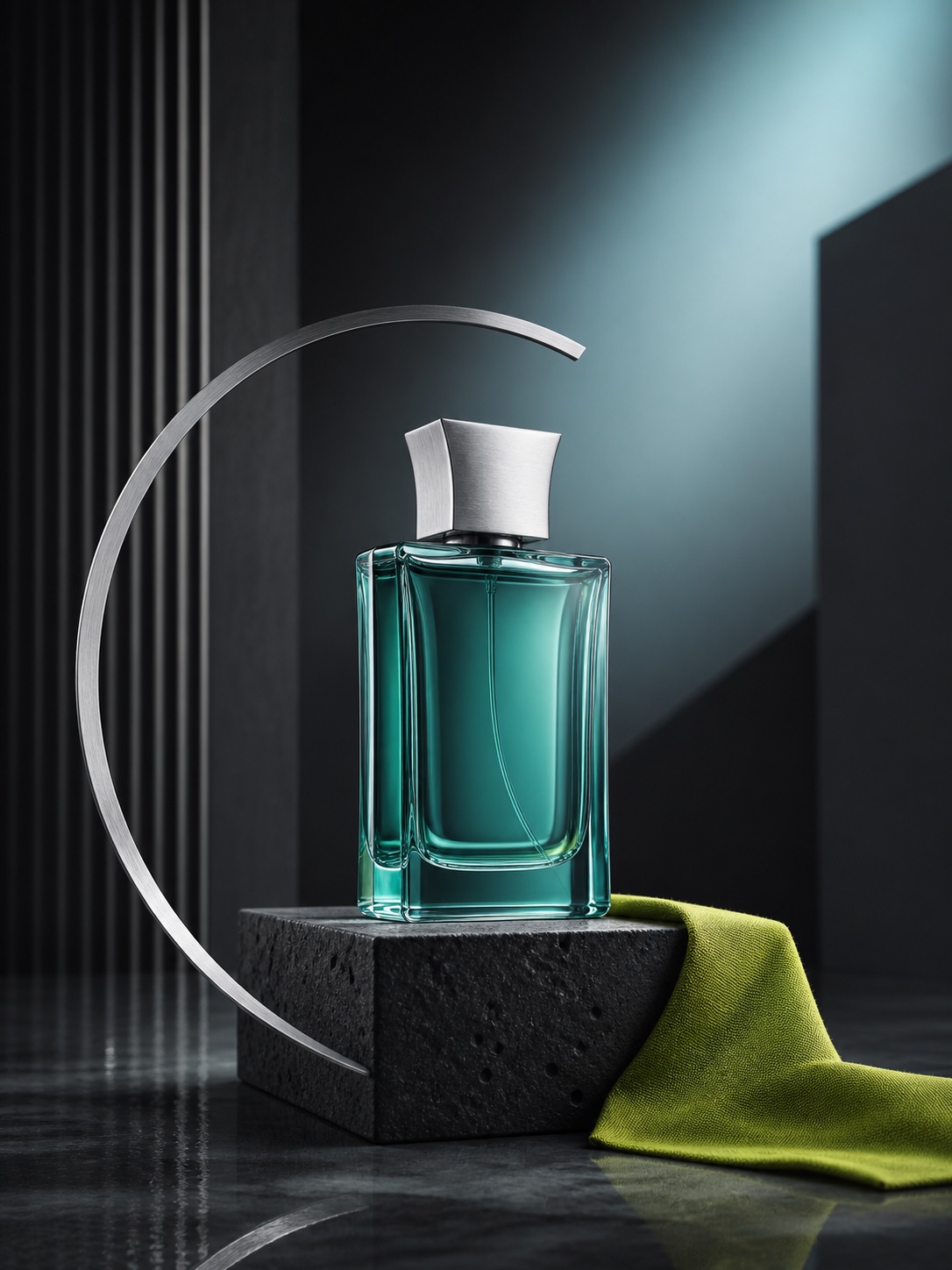 Premium teal perfume product visual on a graphite studio set