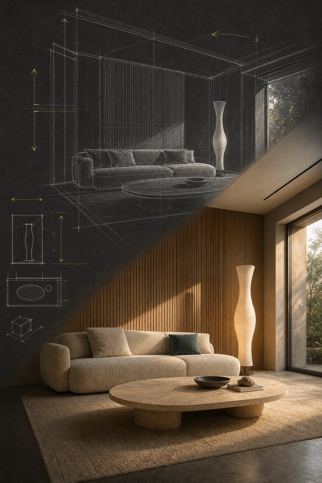 Architectural sketch-to-photoreal living room transformation